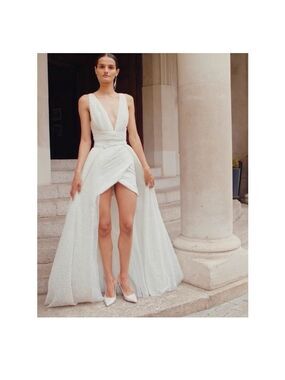 Galia Lahav Liza Mini Dress Removable Tulle Overskirt Ivory Glitter